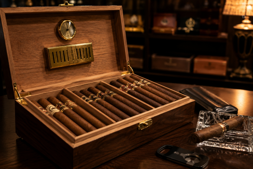Premium cigars displayed inside a traditional wooden humidor